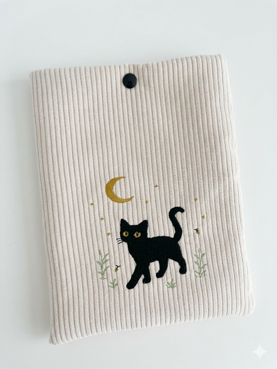 Pochette pression brodée chat et lune